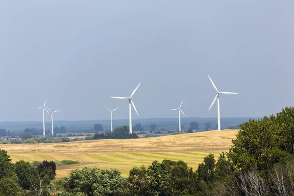 Ландшафт с ветряными турбинами леса и поля — стоковое фото