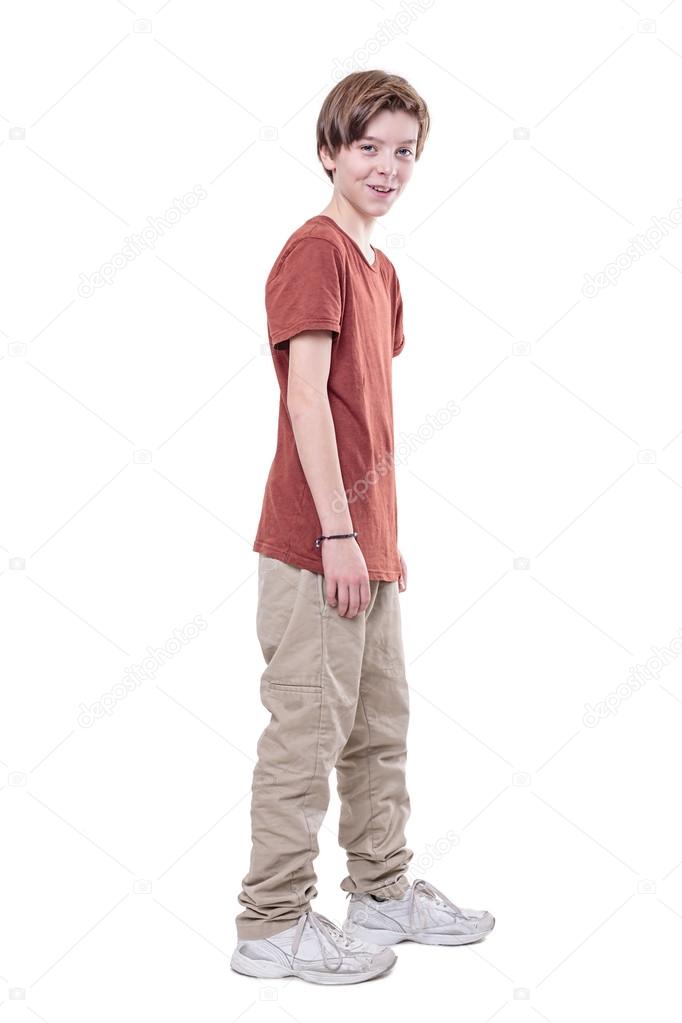 whole body portrait of a smiling male teenager, isolated on whit