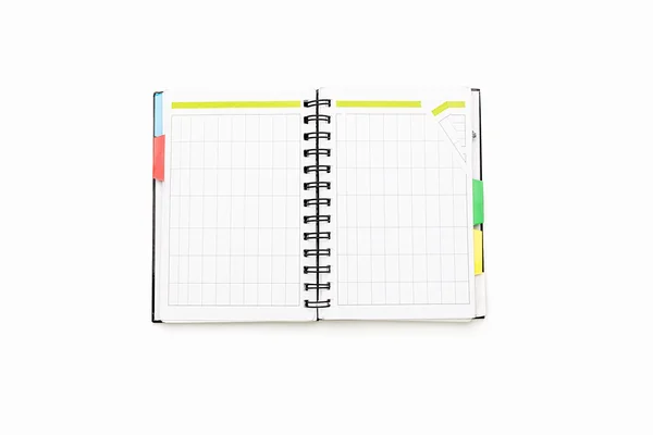 Open blank personal organizer with binder, isolated on white — Stock Photo, Image