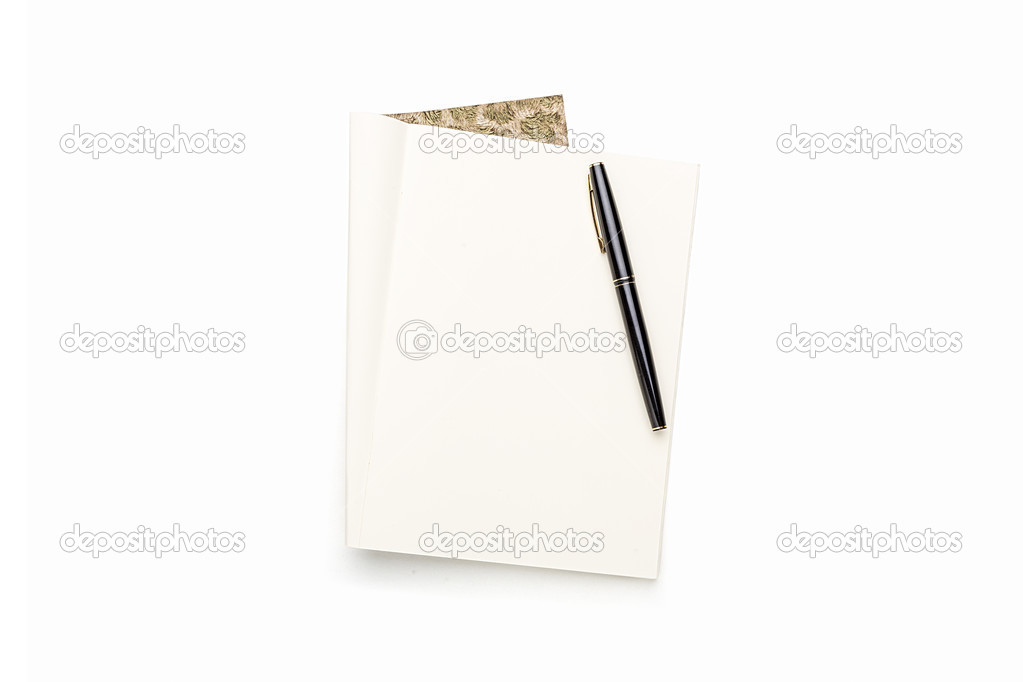 open blank book with black pen, isolated on white