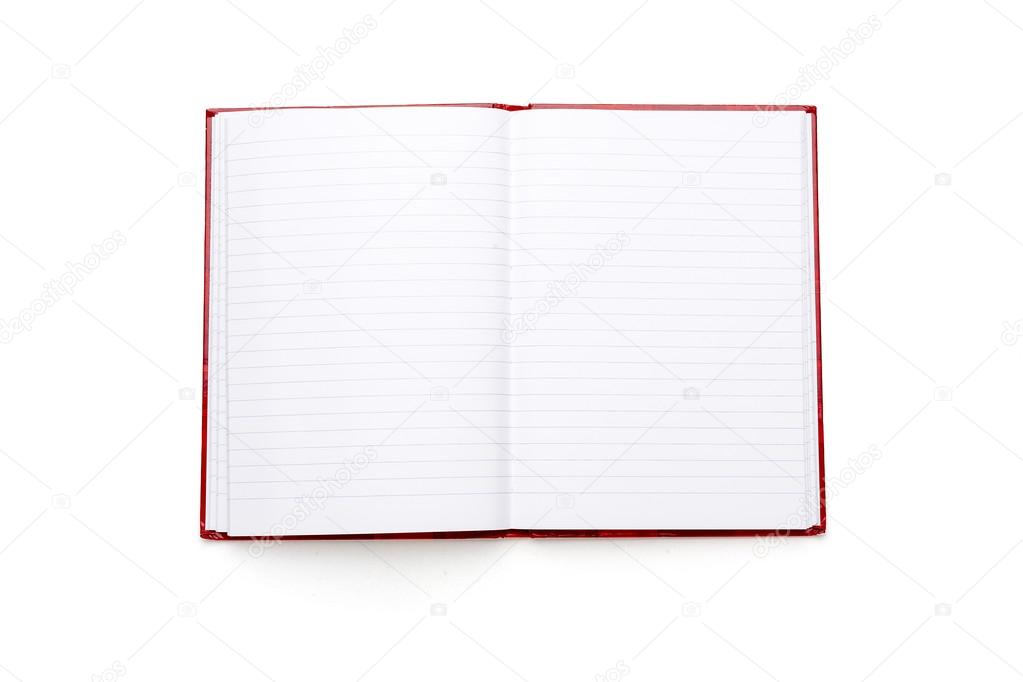 open blank book with lines and red cover, isolated on white