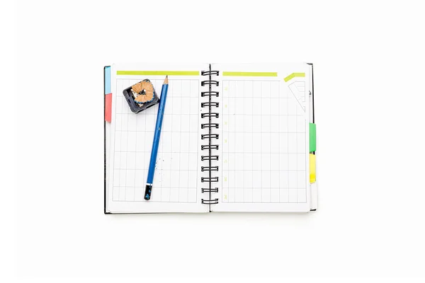 Open schedule with ring binder and pencil, isolated on white — Stock Photo, Image