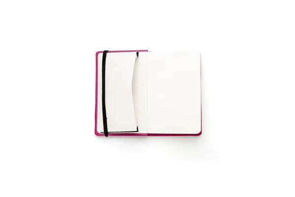 Diario abierto en blanco con bolsillo lateral abierto, aislado en blanco — Foto de Stock