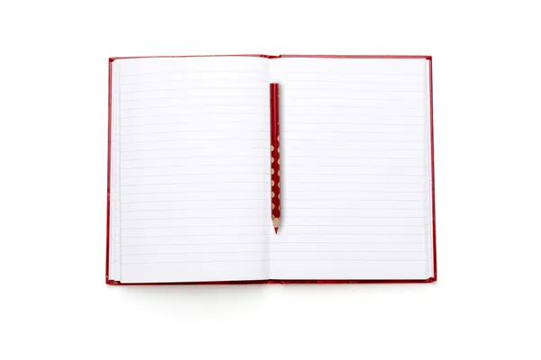Blank open diary with red cover and pencil, isolated on white Stock Picture