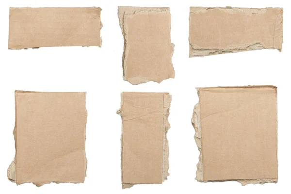 Collection of ripped  brown pieces of cardboard, no shadows, iso — Stock Photo, Image