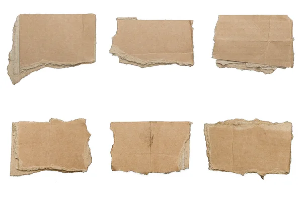 Collection of ripped  brown pieces of cardboard, no shadows, iso — Stock Photo, Image