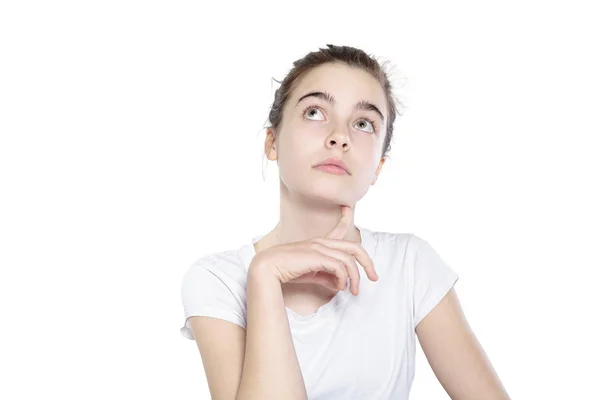 Beautiful thinking teenager girl, isolated on white — Stock Photo, Image