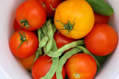 Beyaz kova içinde hasat sebzeler