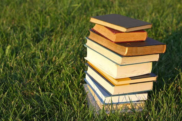 Bücherstapel im Gras — Stockfoto