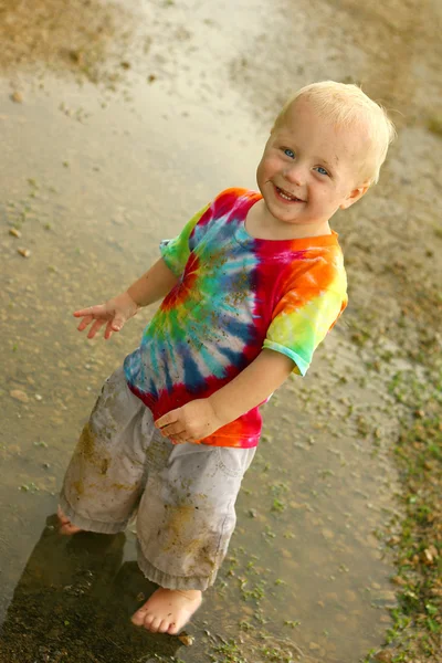 Cute Dirty Baby in Rain Puddle — Stock Photo, Image