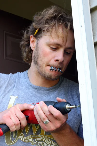 Carpenter Drilling Hole — Stock Photo, Image