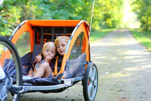 Twee jongens in fiets aanhangwagen buiten — Stockfoto