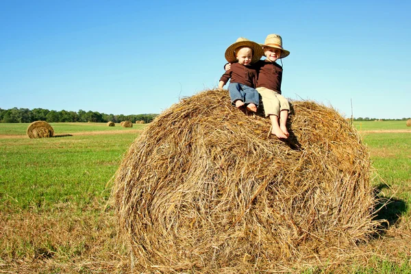 Niños felices sentados en Hay Bale en la granja — Foto de Stock