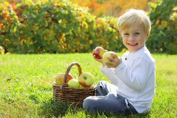 Mycket glad pojke håller frukt på äppelodling i höst — Stockfoto