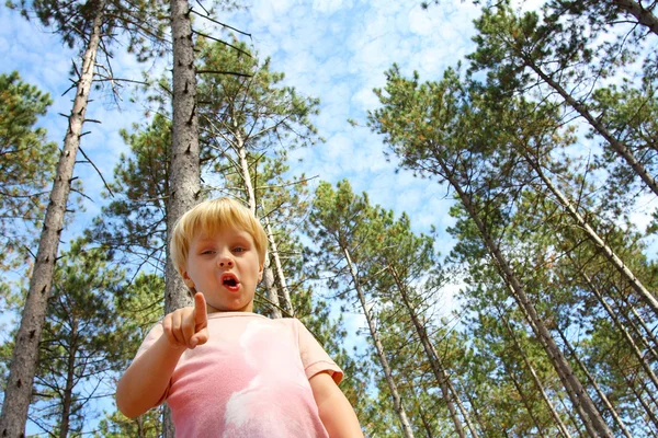 Niño pequeño en el bosque señalando la cámara —  Fotos de Stock