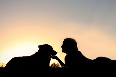 Kız onu köpek ile çim döşeme silüeti