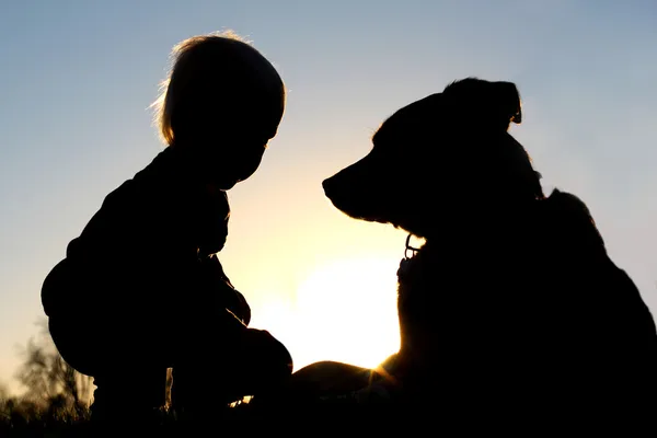 Silhouette d'enfant jouant avec le chien — Photo