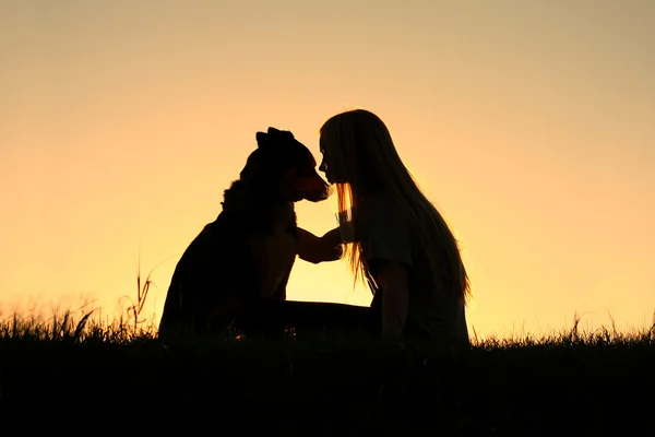 Mulher abraçando cão silhueta — Fotografia de Stock