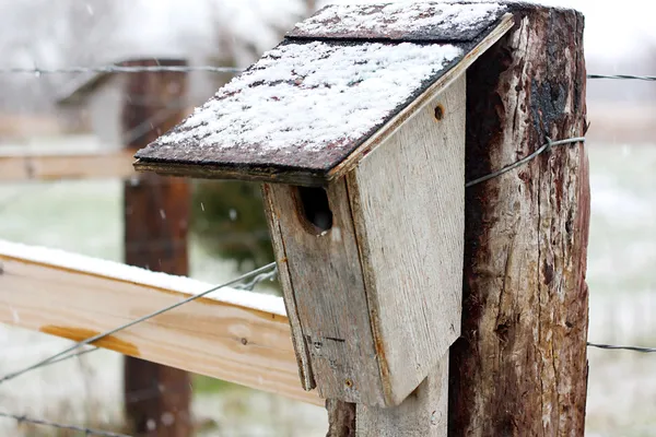 Casa de pássaros caseira velha na cerca da fazenda na neve — Fotografia de Stock