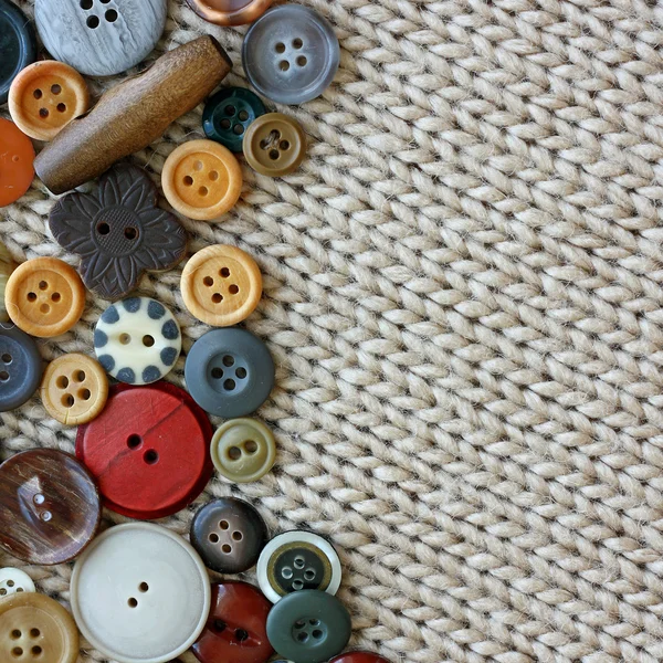 Vintage Sewing Buttons Framing Fabric Square Background — ストック写真