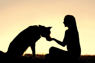 evcil köpek besleme kadın silueti muamelesi yapıyor.