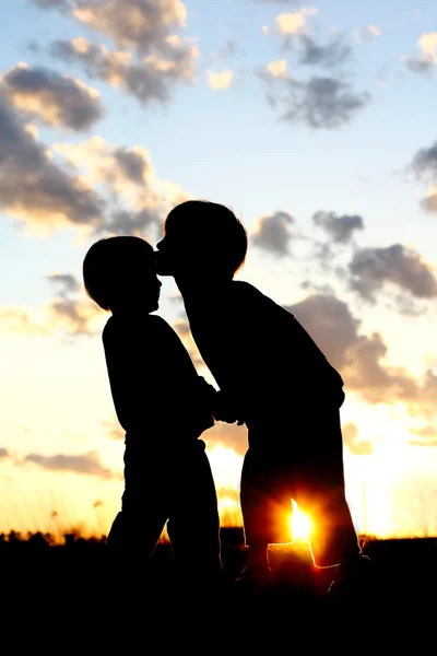 Big Brother beijando a silhueta do bebê ao pôr do sol — Fotografia de Stock