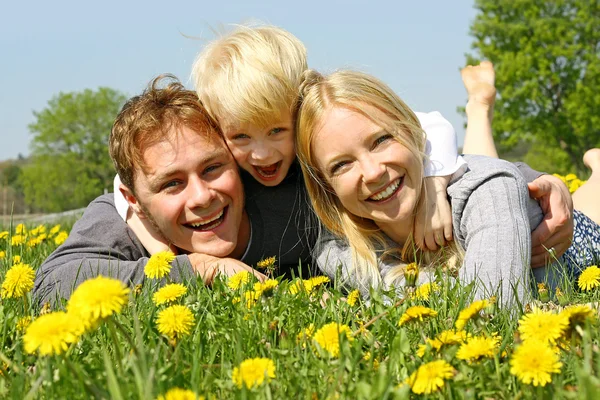 Glad familj på tre personer avkopplande i blomma äng — 图库照片