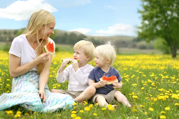 Madre e hijos pequeños comiendo frutas en el prado de flores —  Fotos de Stock