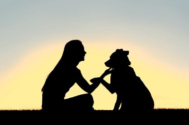 kadın ve köpek sallama el günbatımı siluet