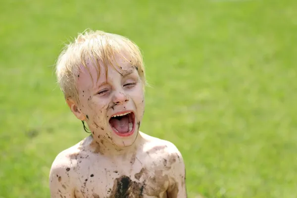 Crazy Little Muddy Child Playing Outside — Stock Photo, Image