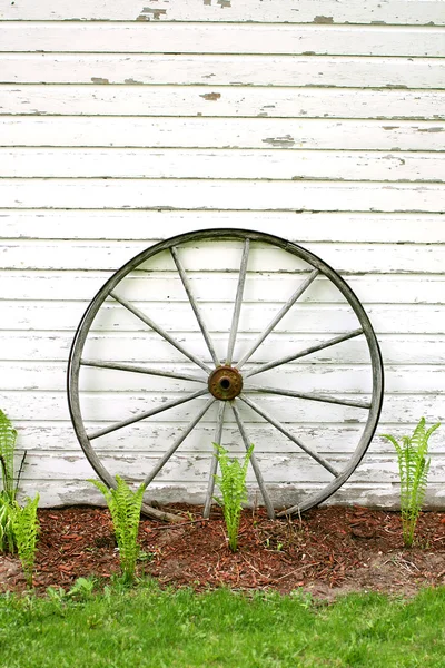 Antieke houten wagon wheel op rustieke witte achtergrond — Zdjęcie stockowe