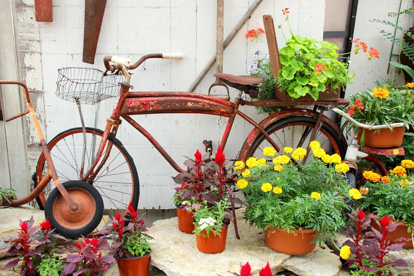 Bicicleta Vintage exhibida en el jardín de flores — Foto de Stock