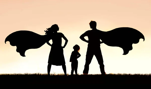 Silhouette Little Girl Child Looking Admiration Her Superhero Mother Father — Fotografia de Stock