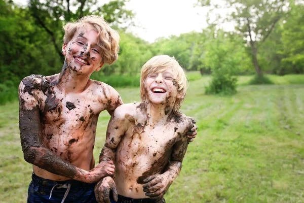 Two Happy Boys Laughing Covered Mud Playing River Summer Day — Stock Photo, Image