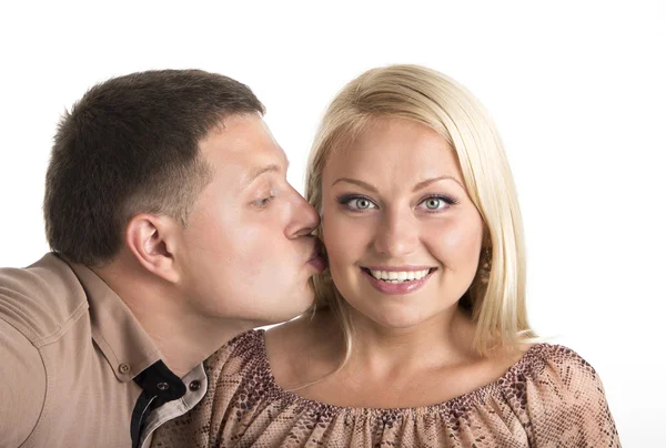 Couple kissing on white background — Stock Photo, Image