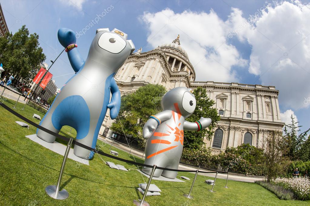 The London 2012 Olympics games mascot, Wenlock and Mandeville, in front of the Saint Paul cathedral