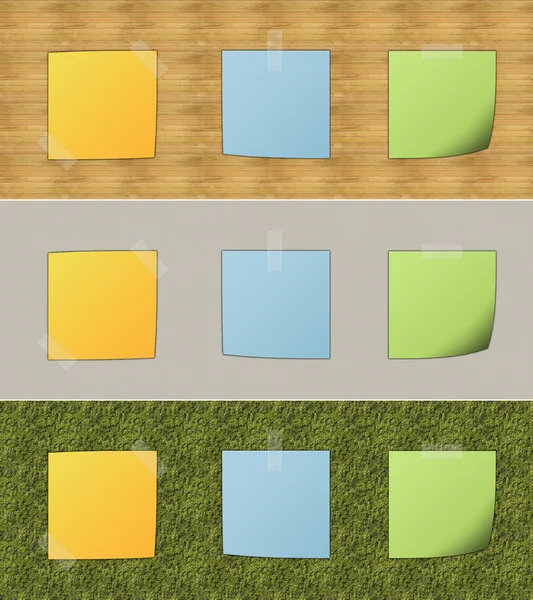 Colorful post it attached on various pattern — Stock Photo, Image
