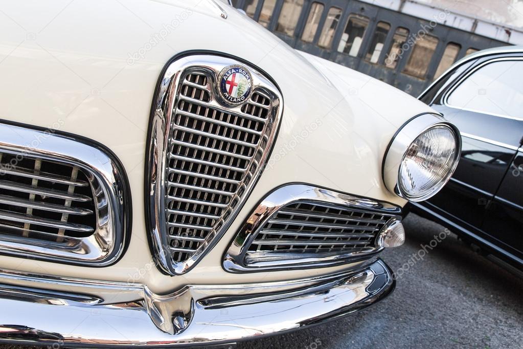 Detail of white classic car Alfa Romeo Giulietta Spider 1958