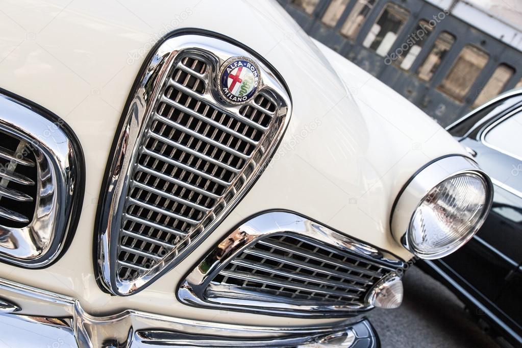 Detail of white classic car Alfa Romeo Giulietta Spider 1958