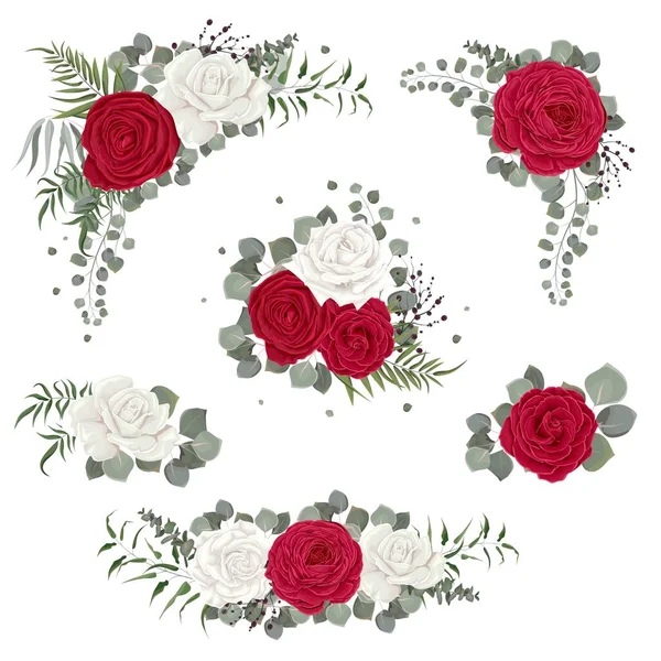 Vector set with red roses and various plants — Stock Vector