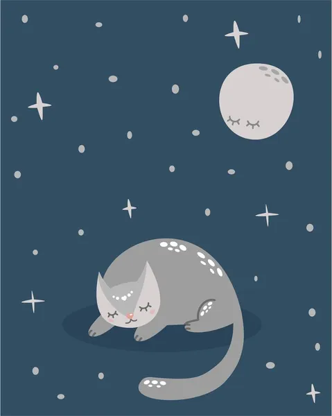 Un lindo gatito duerme bajo la luz de la luna — Vector de stock