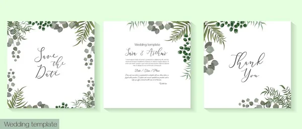 Vector Herbal Wedding Invitation Template Different Herbs Green Plants Leaves — Stock Vector