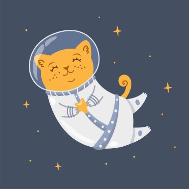 Çocuk kıyafetleri için şirin bir vektör izi. Kızıl Kedi Astronot Ay 'ı ellerinde tutuyor. Uzayda bir astronot bir yıldız tutuyor..