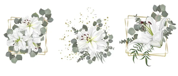 Düğün Tasarımı Için Vektör Çiçeği Ayarlandı Beyaz Zambaklar Okaliptüsler Bitkiler — Stok Vektör