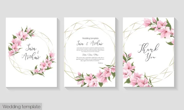 Vector Floral Template Wedding Invitation Delicate Pink Magnolia Sakura — Stock Vector