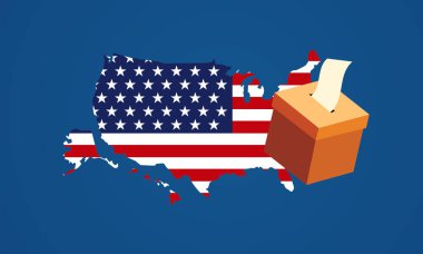 Amerika Birleşik Devletleri bayrağında cumhurbaşkanlığı seçimi. Amerika haritası üzerinde oy sandığı içinde oy kağıdı. ABD başkanlığı seçim kampanyası posterleri. ABD başkanlık oylama kavramları tartışması. Vektör illüstrasyonu.