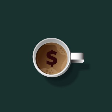 Beyaz kahve fincanı, buhar dumanı, kahve çekirdekleri ve yeşil arka planda fotokopi alanı olan yapraklar. Pankart, poster reklamları, el ilanları ve kart koleksiyonları için dekoratif tasarım. Vektör illemesi