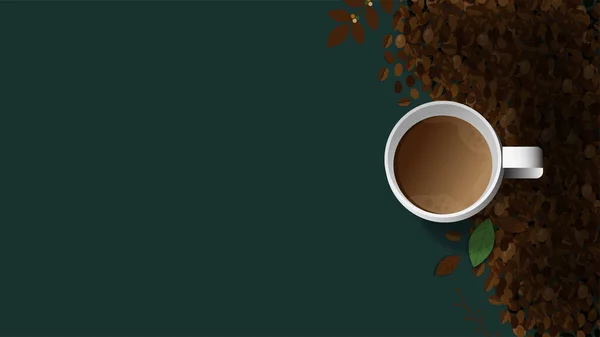 Biała Filiżanka Świeżej Kawy Dymem Parowym Ziarnami Kawy Liśćmi Zielonym — Wektor stockowy