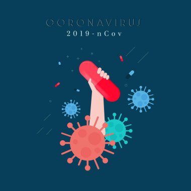 El ele tutuşan ilaç kapsülleri koyu mavi arka planda izole edilmiş. COVID-19 Corona virüs salgını ve pandemik sağlık risk konsepti. Corona virüs ikonu. Düz stil. Vektör illüstrasyonu 