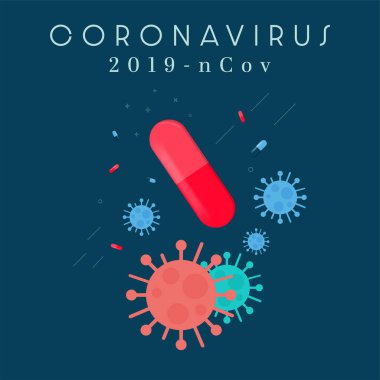 İlaç kapsülleri koyu mavi arka planda izole edilmiş. COVID-19 Corona virüs salgını ve pandemik sağlık risk konsepti. Corona virüs ikonu. Düz stil. Vektör illüstrasyonu.